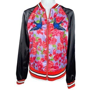 Silence & Noise Satin Embroidered Bomber Jacket Small Floral Butterfly Zip Up